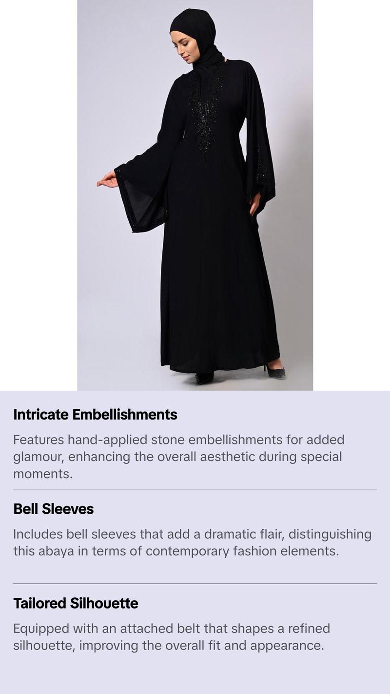 Handcrafted and Machine Embroidered Bell Sleeves Black Abaya
