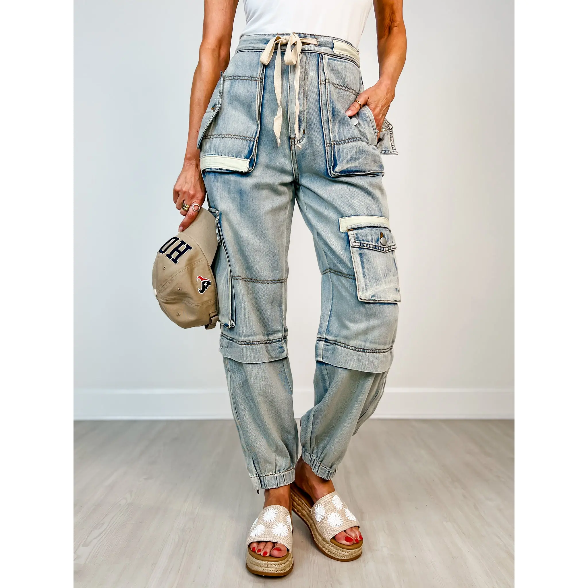 Denim Utility Cargo Pants with Drawstring Waist