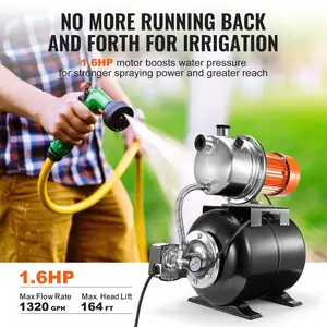 VEVOR 1.6 HP Shallow Well Pump with Pressure Tank, 1320 GPH, Automatic Irrigation Water Booster Pump with 5-Gal Pressure Tank 30/50 PSI Pressure Switch, Stainless Steel Pump Head for Home Garden Lawn