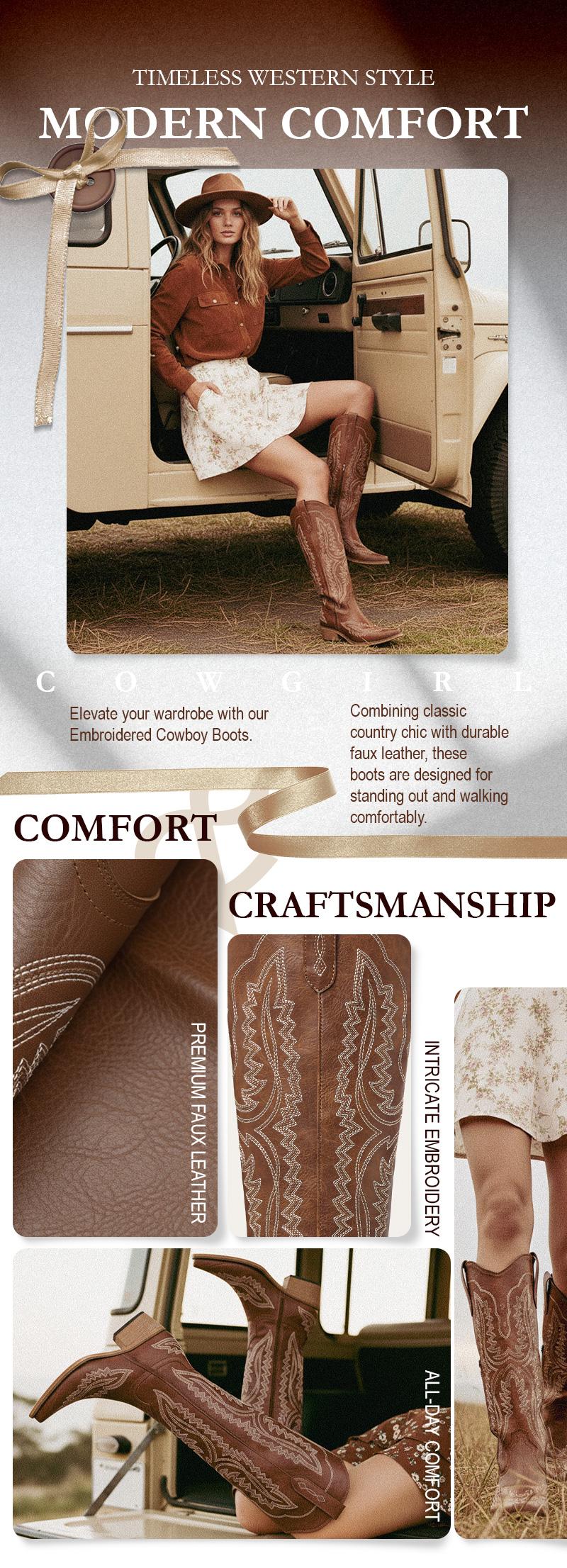 UTIFU Bold Embroidered Cowgirl Boots for Women with Western Charm Knee-High Durable Heel in Grey Brown Red & Turquoise