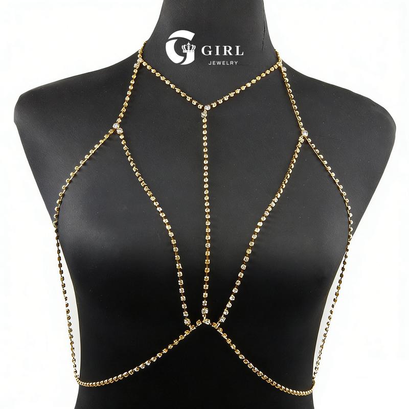 GGIRL 18K Gold Plated Sexy Body Chains for Women,  Layered Bra Body Chain Sparkly Artificial Crystal Chest Chain Beach BIkini Party Club Body Jewelry for Women and Girls