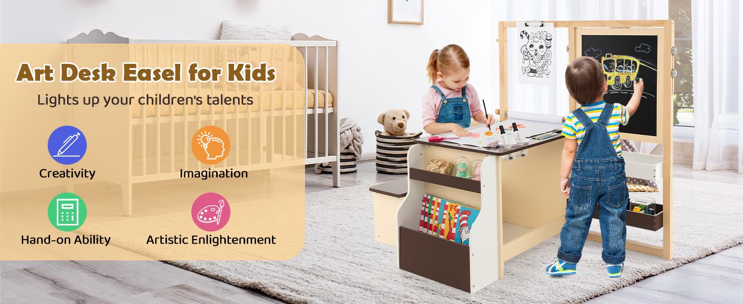 Costzon Easel for Kids, Wooden Art Center with Double-Sided Blackboard & Whiteboard, Paper Roll for Drawing, Crafts, Writing, Toddler Activity Table with Storage, Kids Table and Chair Set