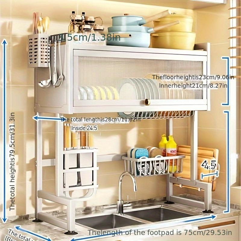 Multi-Functional Kitchen Storage Rack with Cabinet Door Access - Black Metal Countertop Organizer for Dishes, Utensils, and Cookware with Drain Tray, Towel Holder, and Spice Shelf, Sink Storage Solution Functional Kitchen Accessory