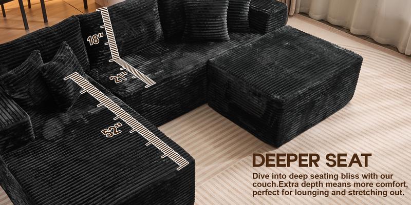 Modern 108" Boneless Couch Cloud Modular Sectional Sofa With Removable Ottomans & Chaise - Plush Corduroy , Deep Seat, Upholstered Couches, No Assembly Required for Living Room