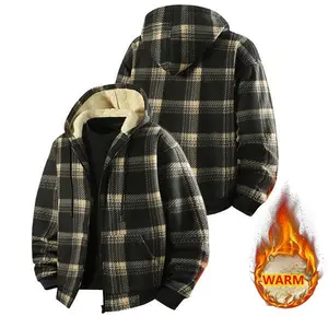 Men's Autumn Winter Fleece Lined Plaid Hooded  Soft Comfortable Thick Warm Side Pocket Zipper Coat Durable Breathable Material Outerwear Must Have For Work plaid print zip shirt jacket Sweatshirts Tops Long Sleeve Black Yellow Grid western clothing