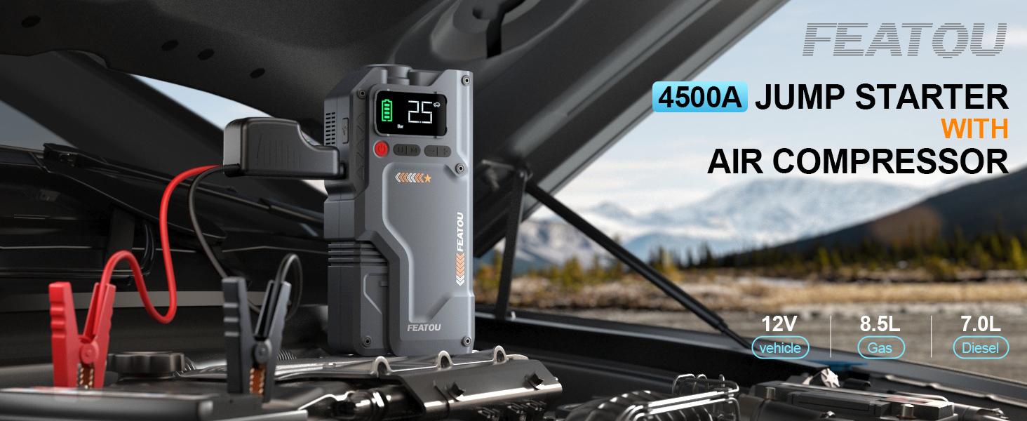 Jump Starter with Air Compressor, 5 in 1 Functional Jump Box 4500A Peak Power Pack with 150PSI Digital Tire Inflator, Portable Car Charger Jumper for 8.5L Gas or 7.0L Diesel