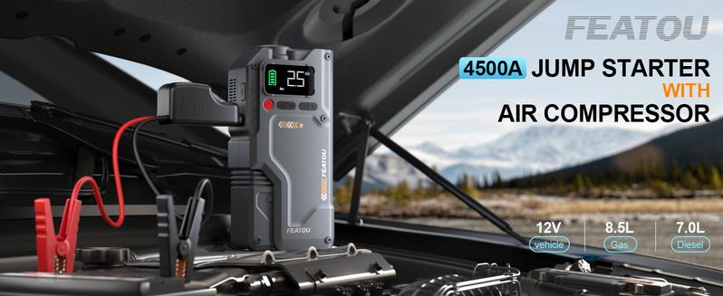 Jump Starter with Air Compressor, 5 in 1 Functional Jump Box 4500A Peak Power Pack with 150PSI Digital Tire Inflator, Portable Car Charger Jumper for 8.5L Gas or 7.0L Diesel