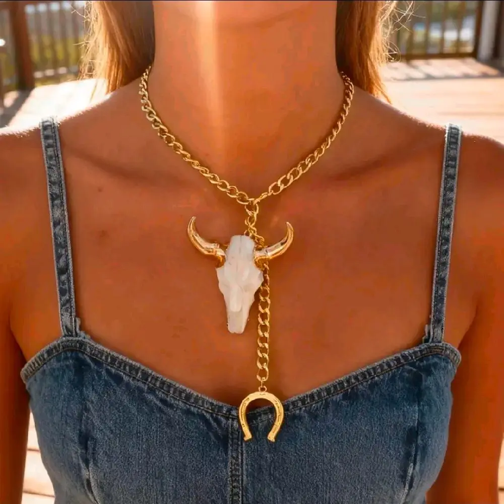 Cowboy Horseshoe Pendant Chain & Link Necklace, Unisex Western Glam Costume Jewelry, Female Daily Choker Fashion Accessory