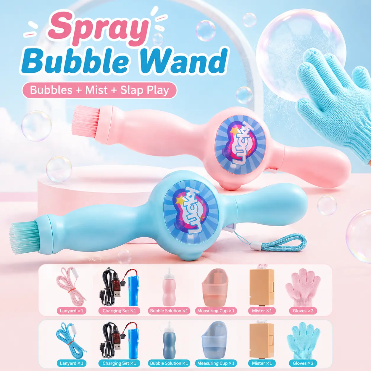 Mist Bubble Wand Toy for Kids, Rechargeable Fog Bubble Maker with Gloves, Light-Up Outdoor Bubble Toy for Summer Party Birthday Gift, Ages 3+ sohochic