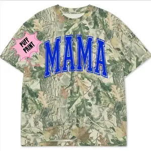 Camo Mama Puff Print T-shirt or Sweatshirt with Bold Blue Lettering and Camouflage Design