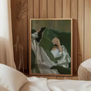 Abstract Poster Or Canvas , Emerald Green Reading Woman Print  ,Cozy Striped Art , Minimalist Contemporary |Frameless Poster M