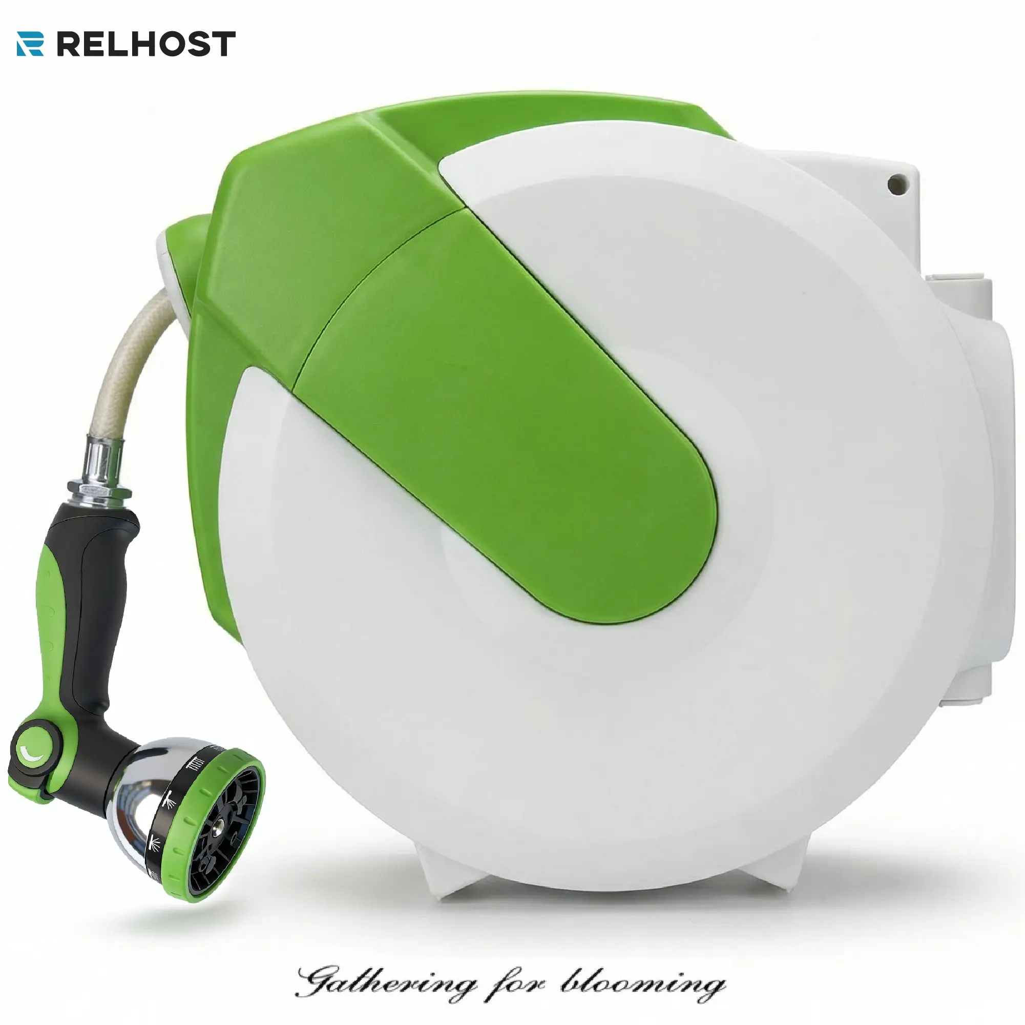 RELHOST Retractable Hose Reel 50FT Garden Water Hose Reel with 10-Pattern Nozzle ,180° Swivel Bracket Wall-Mounted,Any Length Lock, Slow Return System, Bright Green