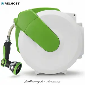 RELHOST Retractable Hose Reel 50FT Garden Water Hose Reel with 10-Pattern Nozzle ,180° Swivel Bracket Wall-Mounted,Any Length Lock, Slow Return System, Bright Green