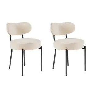 Boucle Upholstered Dining Chairs Set of 2 Mid Century Modern Curved Backrest Metal Legs for Kitchen Vanity Living Room