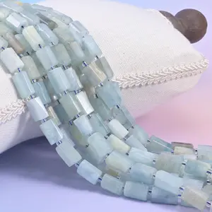 Blue Aquamarine Faceted Tube Beads Size 12x8mm Jewelry Making 15.5 Inch Strand