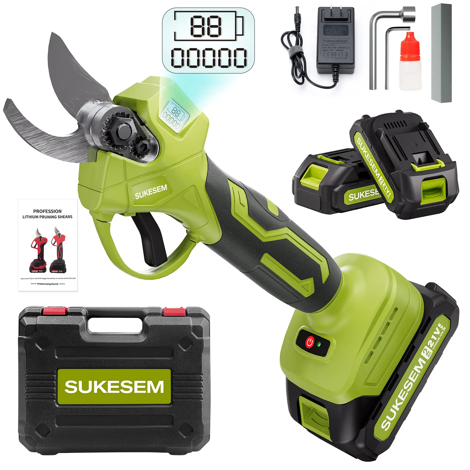 SUKESEM Cordless Electric Pruning Shears for Outdoor Gardening - Tools and Gadgets, 1.35in Powerful Cut Heavy-Duty Branch Pruner, 21V Batteries with LCD Display, 6-8H Runtime, Lightweight, Cordless Freedom, Fathers Day Gift, Dual 21V