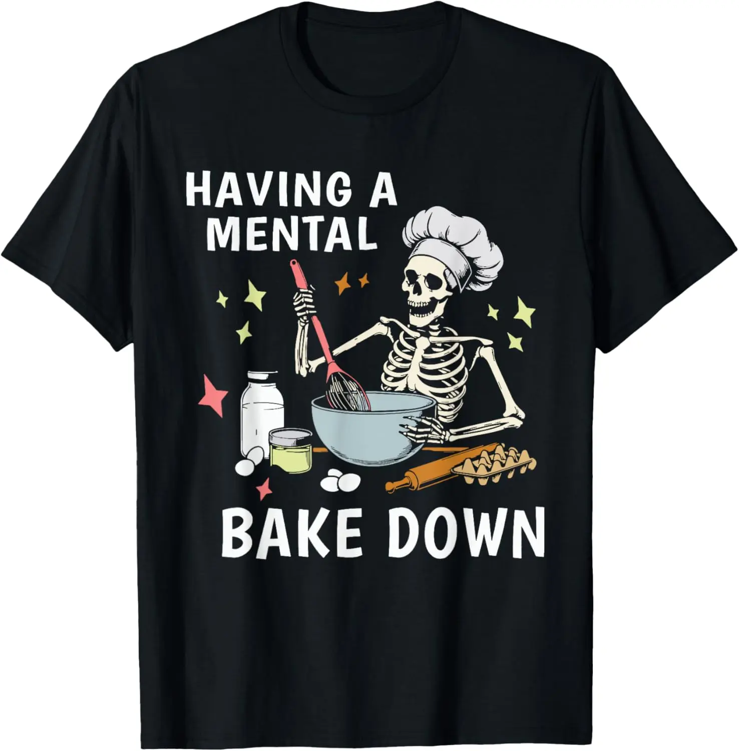 Women's 100% Cotton Short-Sleeve Crewneck Graphic T-Shirt, Funny Skeleton Baker "Mental Bake Down" Print, Casual Streetwear for Lady Everyday Baking Lovers, Shortsleeve, Top, Tshirt, Round Neck, Vintage, Whimsical, Fashion