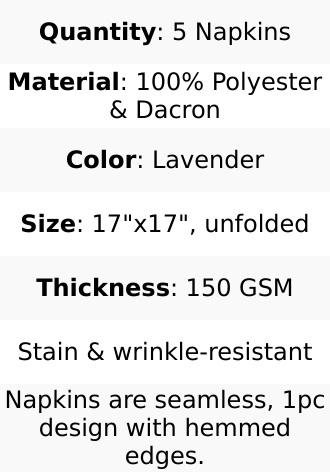 5 Pack Polyester 17"x17" Napkins Lavender Lilac - Durable & Wrinkle Resistant Dinner Napkins