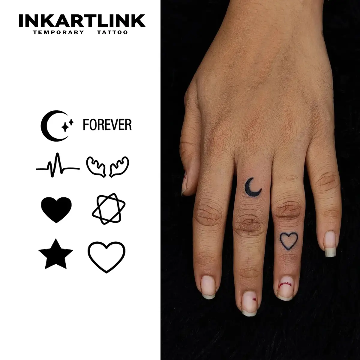 INKARTLINK 2 Sheets Minimalist Temporary Tattoo Art - Waterproof Stickers with 'Forever' Lettering, Moon & Heart Designs for Hand, Finger, All Skin Types, Sticker Sheet, Aesthetic 'Forever' Lettering