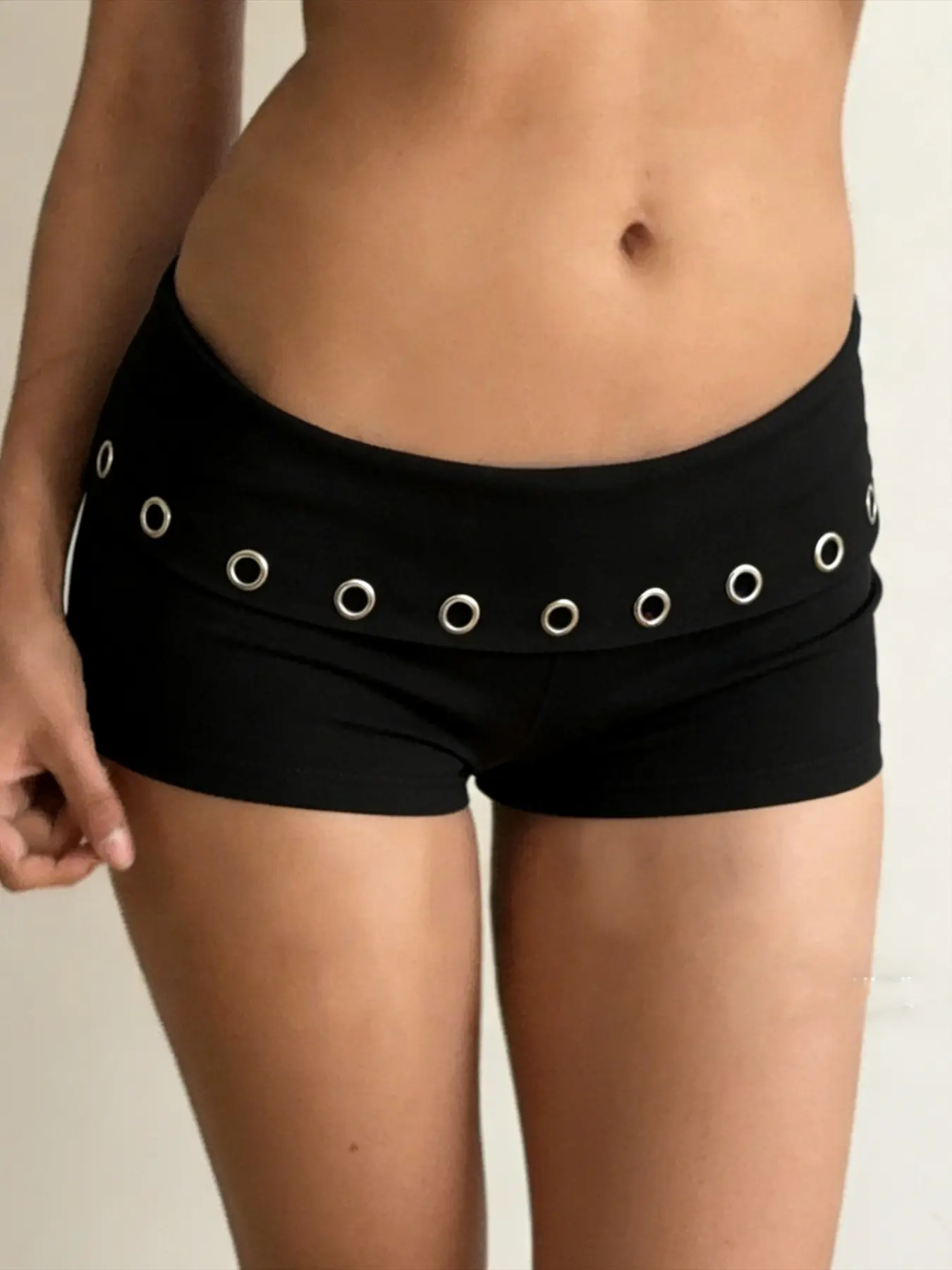 Streetwear Metal Eyelet Detail Y2K Shorts for Women, Fold-Over Waistband Low-Waisted Shorts, Sexy Slim-Fitting Casual Shorts, Elastic Waist, Fitted Fashion Shorts