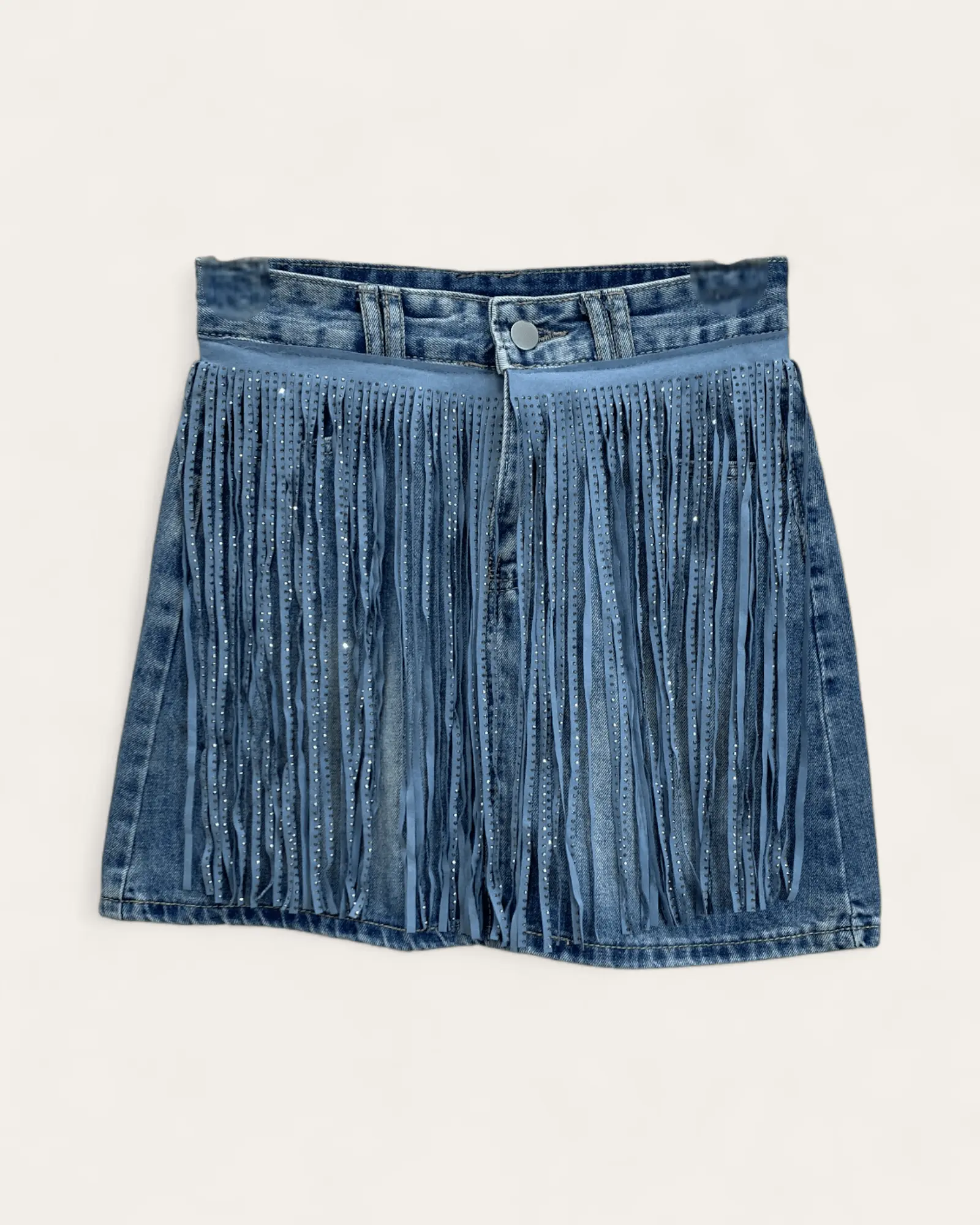 Women's 100% Cotton Denim Mini Skirt - Solid, Allover Rhinestone Decor, Fringe Detail, Stylish Fit Lady's Bottom Wear (Style-Focused Mini Skirts for Women)