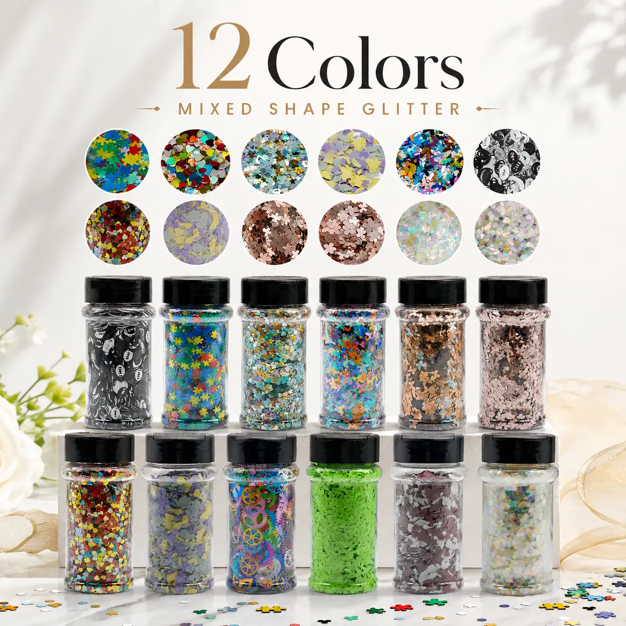 12Bottles Unique Shaped Chunky Glitter | Assorted Shape Cut Sequins for Snow Globe Cup Nail Resin DIY for Snow Globe Cup Nail Makeup Craft Glitter Sparkle Sequins for Epoxy Resin Tumbler Wedding Festival Party Decoration shape Glitter