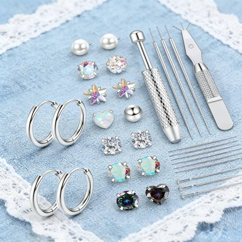33Pcs Flat Back Earrings for Women with Piercing Ball Grabber Tool - 316L Surgical Steel Cartilage Hoop Earrings Stack, Internal Thread CZ Stud Piercing Jewelry for Tragus Helix Conch & Hypoallergenic Lip Nose Rings Hoops