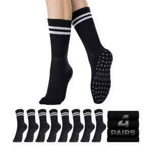 4 Pairs CoolMate 2/4 Pairs Pilates Socks with Grips for Women, Yoga Socks, Crew Non Slip Women for Workout, Barre, Pilates Gifts (Crew Black)