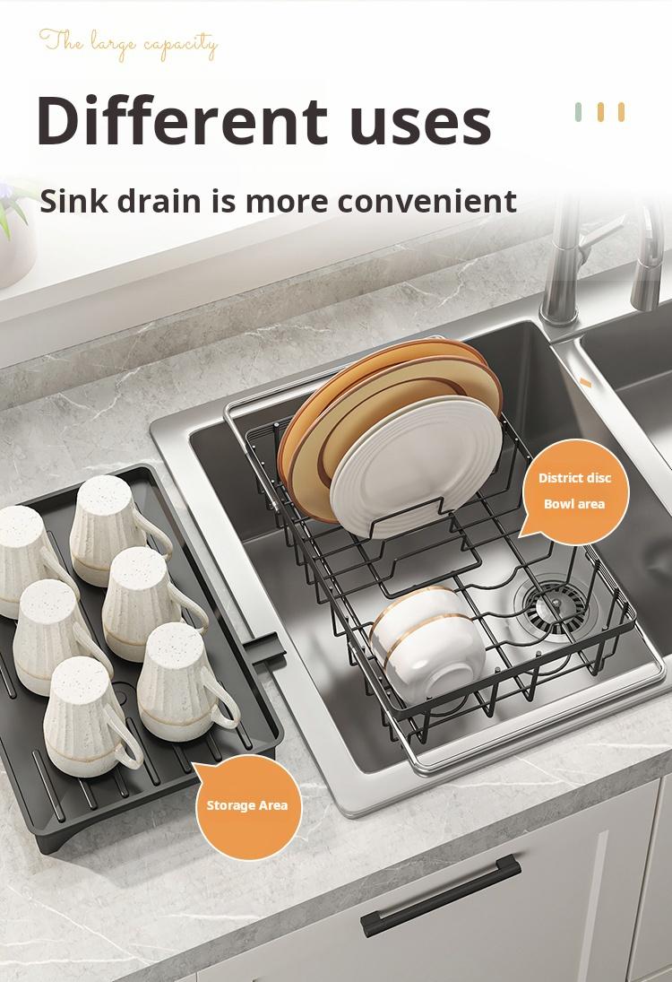 Expandable Kitchen Sink Drying Rack with Auto Drain – Adjustable Dish Rack for Countertop, Space Saving Utensil & Plate Organizer, Multi-Purpose Drying Rack for Dishes, Fruits & Kitchenware