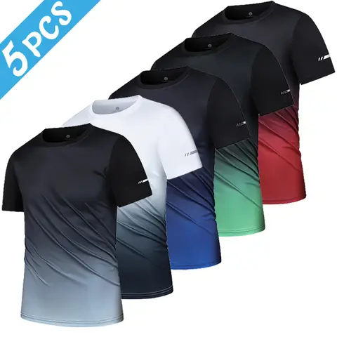 Men's 5-Pack Contrasting Colors Crew Neck Short-Sleeve T-Shirts - Gradient Fade Print, Quick Dry, Breathable, Reflective Details, Sporty Chic Athletic Fit, Athletic Apparel Tops, Workout Gym Activewear, Black-To-Burgundy Red, Casual for Running, Training