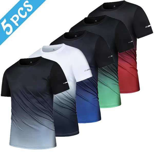 Men's 5-Pack Contrasting Colors Crew Neck Short-Sleeve T-Shirts - Gradient Fade Print, Quick Dry, Breathable, Reflective Details, Sporty Chic Athletic Fit, Athletic Apparel Tops, Workout Gym Activewear, Black-To-Burgundy Red, Casual for Running, Training