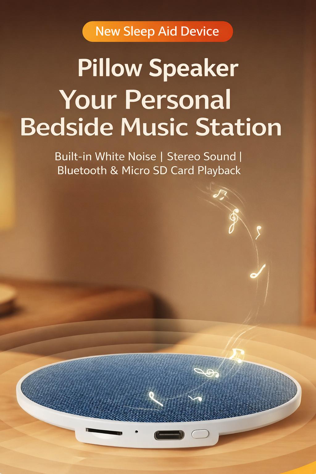 2026 New Product: Ultra-thin Pillow-Side Speaker with White Noise Function, Mini Bluetooth Speaker for Sleep
