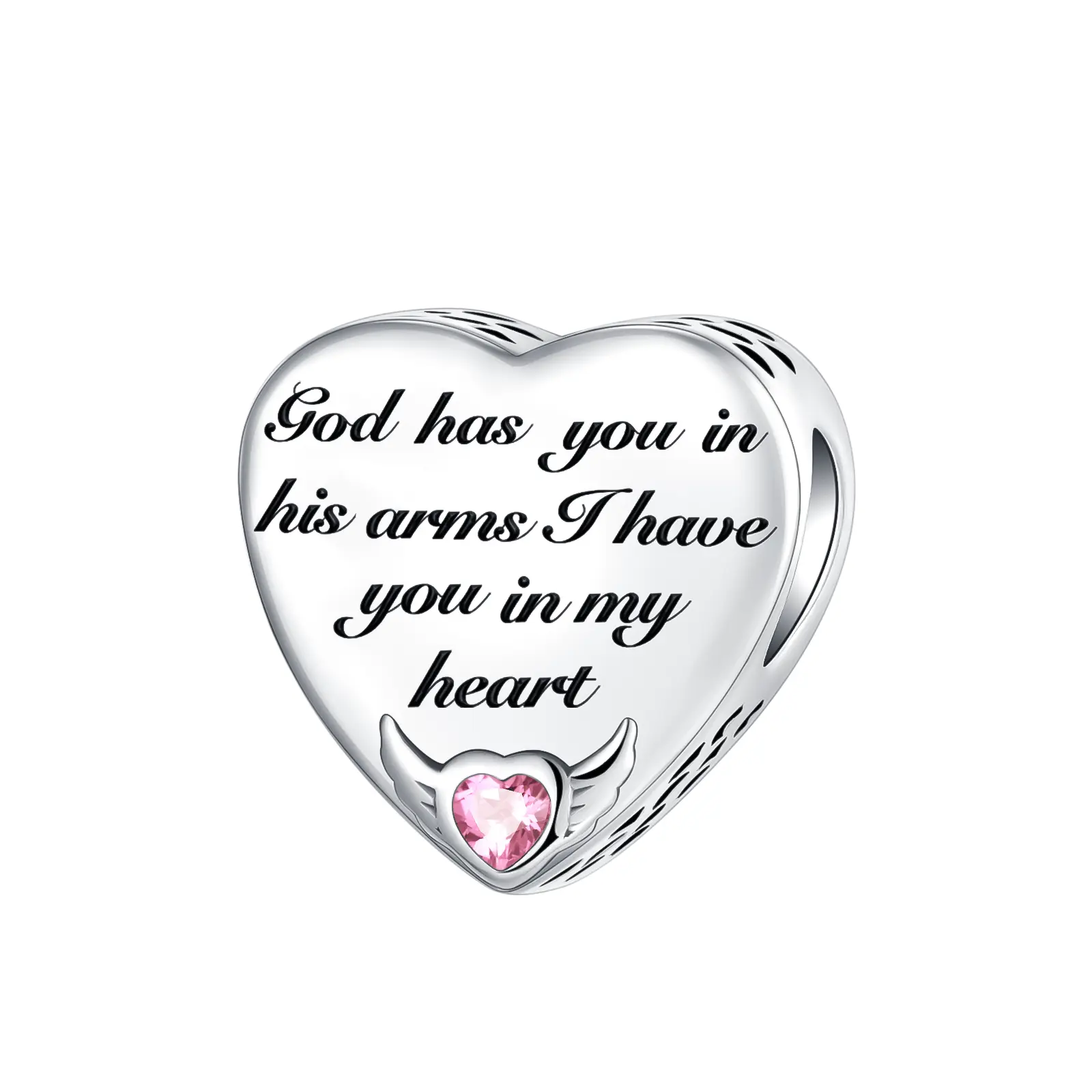 Memorial Heart with Angel Wings Charm, 925 Sterling Silver, Engraved Message, Pink Accent for European-Style Bracelets, Bereavement Keepsakes & Memorial Gifts, Silver & Pink