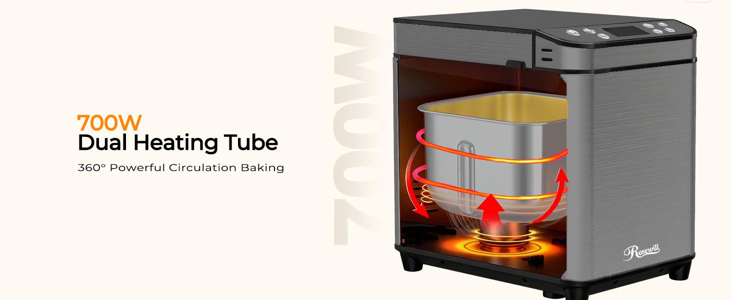 Rosewill 25-in-1 Automatic Bread Maker Machine with 3 Loaf Size up to 2LB, 700W High Power Dual Heater Bread Maker with BPA-free Nonstick Coating Pan, Max 15 Hours Delay Timer, Low Noise - Gray