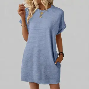 Women's 2026 Summer Textured T-Shirt Dress - Loose Oversized Crewneck Mini Dress with Pockets - Lightweight Breezy Sun Dress for Vacation & Daily Wear