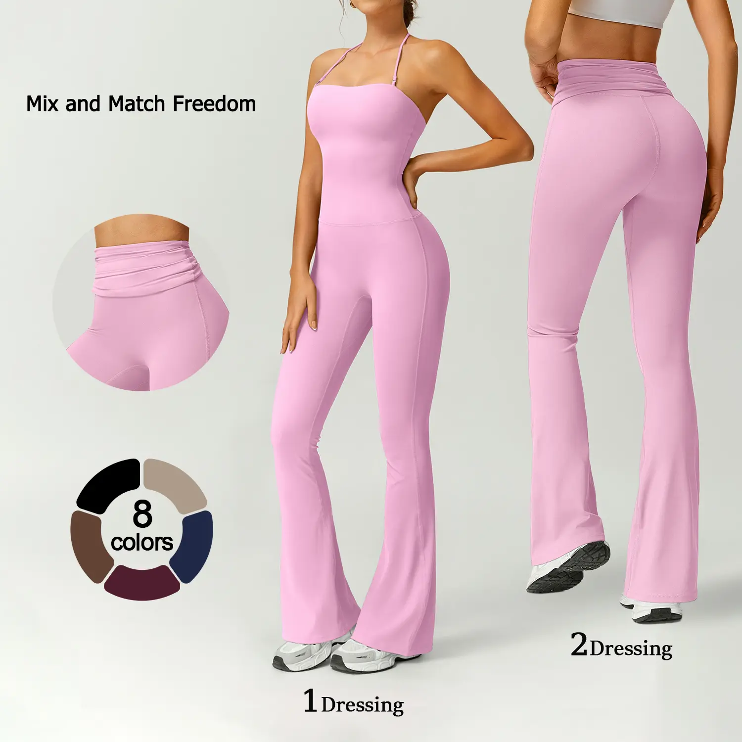 TIMEOFF Women's Athleisure Halter Jumpsuit, Solid Color Flared Leg Workout Activewear with Butt Lifting & Tummy Control, Athleisure Style, Workout Jumpsuit, Stretchable Activewear, Solid Color Jumpsuit