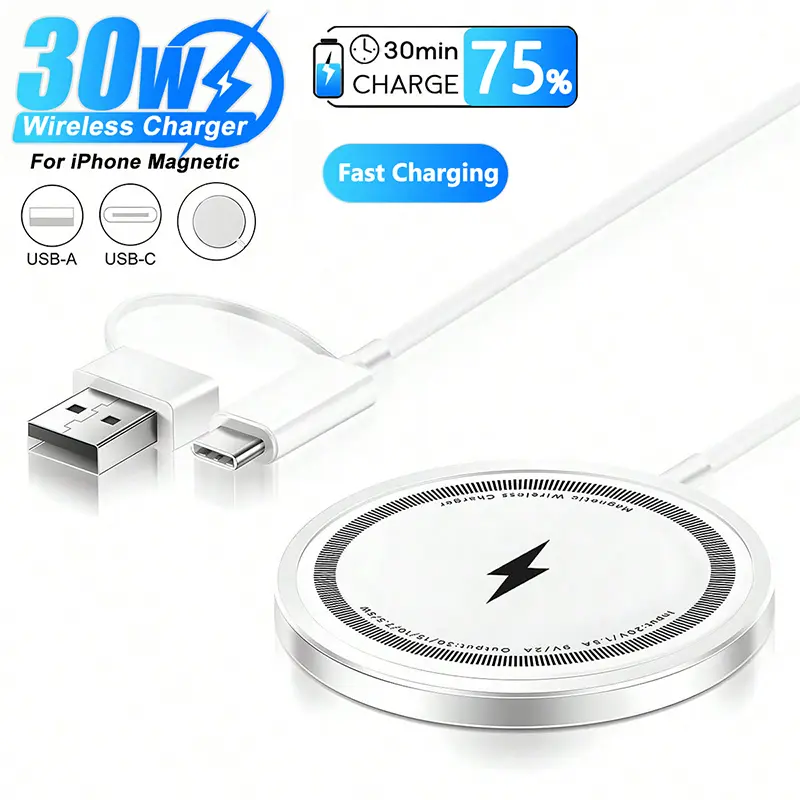 30W Magnetic Wireless Smartphone Charger - USB-C Fast Charging Solution for iPhone 12-16 (Pro Max, Plus, Mini), Pixel, Galaxy & Wireless-Charging Cellphones, Mobile Device Accessories, Wireless Charger