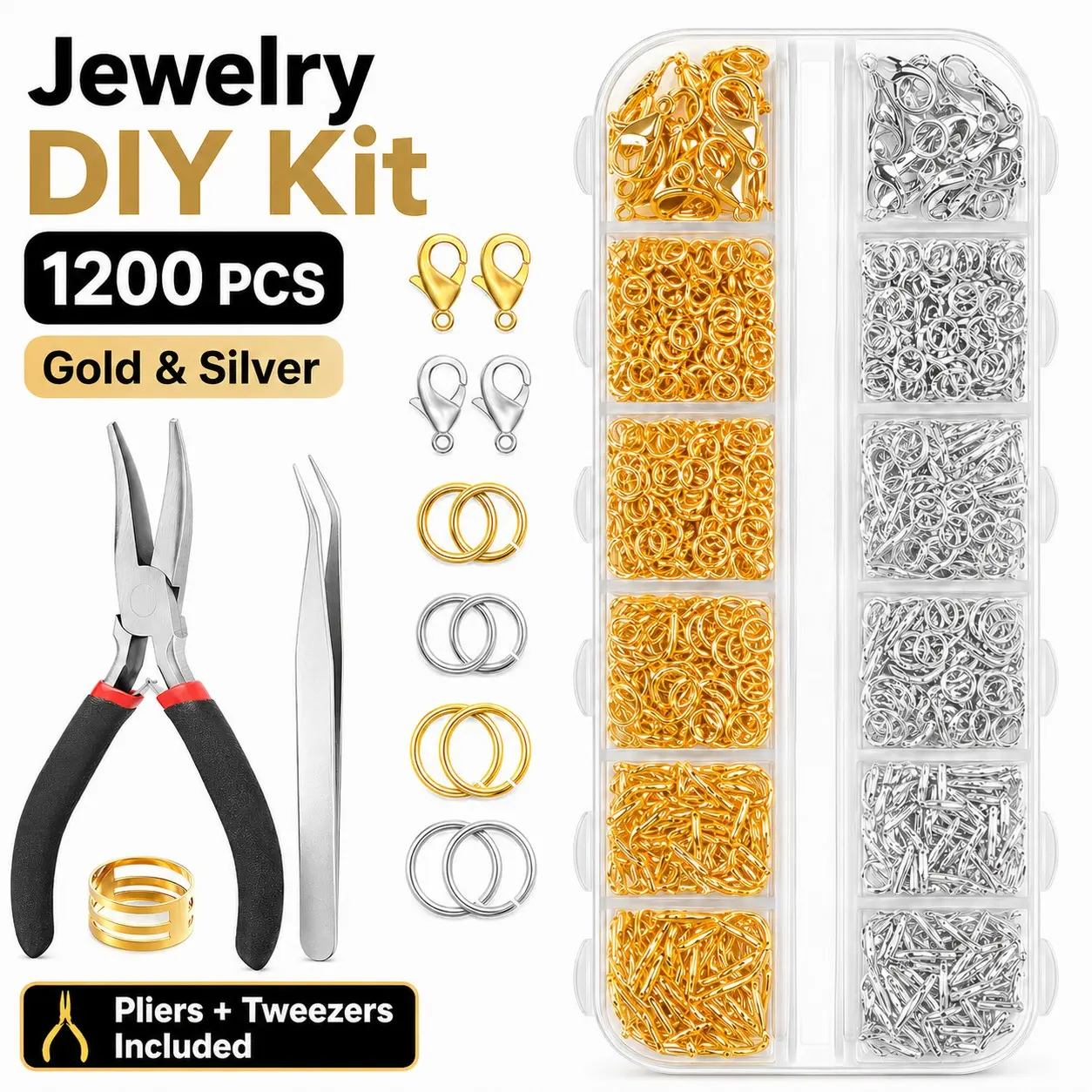 1200PCS Jewelry Repair Kit with Pliers & Tweezers, Gold & Silver Jump Rings and Lobster Clasps for DIY Jewelry Making, Jewelry Making Tools, Necklace Making Supplies, Necklace & Bracelet Repair