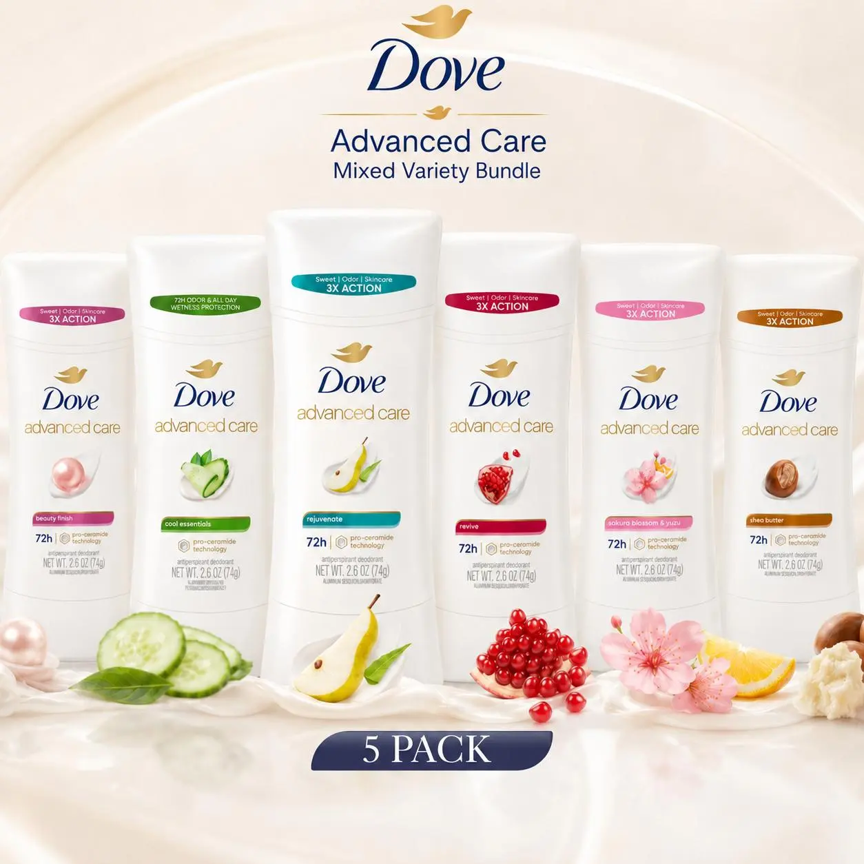 Dove Advanced Care Stick Deo 5-Pack Multi-Pack for Women, 2.6oz (74g) Antiperspirant with Assorted Scents, Shea, Revive, Smooth Formula, Aluminum Zirconium Tetrachlorohydrex Gly (15.2%), Body Care Gift