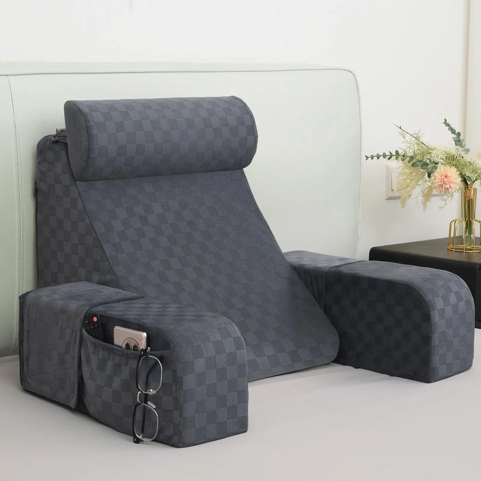 Reading Pillow for Sitting in Bed Adult,Back Pillow for Sitting Up,Backrest Support Pillow with Arm Rest,Bed Chair Pillow with Big Pockets for Gaming,Watching TV in Floor, Supportive Memory Foam Soft Memory Foam