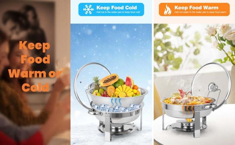 GARVEE 5QT Stainless Steel Round Chafing Dish Buffet Set 2 Pack with Lid Holder & Glass Lid, Perfect for Weddings, Parties, Camping, Dinner; Available in Elegant Silver & Gold Finishes
