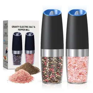 ISUNMEA Battery Operated Salt And Pepper Grinder Set with LED Light, Automatic Electric Gravity Salt And Pepper Shakers Set, Each 6 AAA Batteries Needed, Adjustable Roughness, 2 Pack (Black)