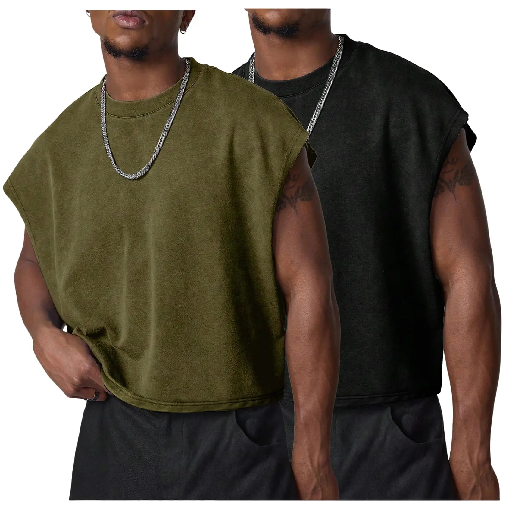 Gihuo Men's 2-Pcs Plain Round Neck Crop T-Shirts, Cargo-Inspired Dolman Sleeve Loose Pullovers, Soft Cotton-Polyester Streetwear, Stylish Lightweight Breathable Casual Sleeveless Tops