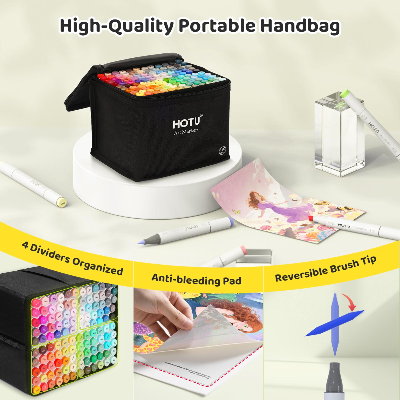 HOTU Dual Tip Alcohol Markers Set – 60/100/120Colors, Fine/Brush & Chisel Tips, Easy Blending, Safe Materials, Colorless Blender, Perfect for Kids & Artists, Sketching, Adult Coloring, Great Gift Idea