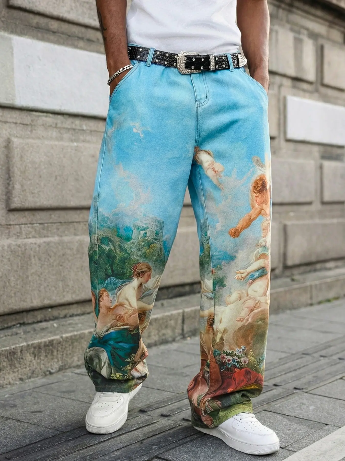 Men's Streetwear Y2K Fashion Oil Painting Print Jeans, Loose Wide Leg Long Pants, Trendy, Classic and Stylish Denim for Men, Menswear, Casual Streetwear Jeans