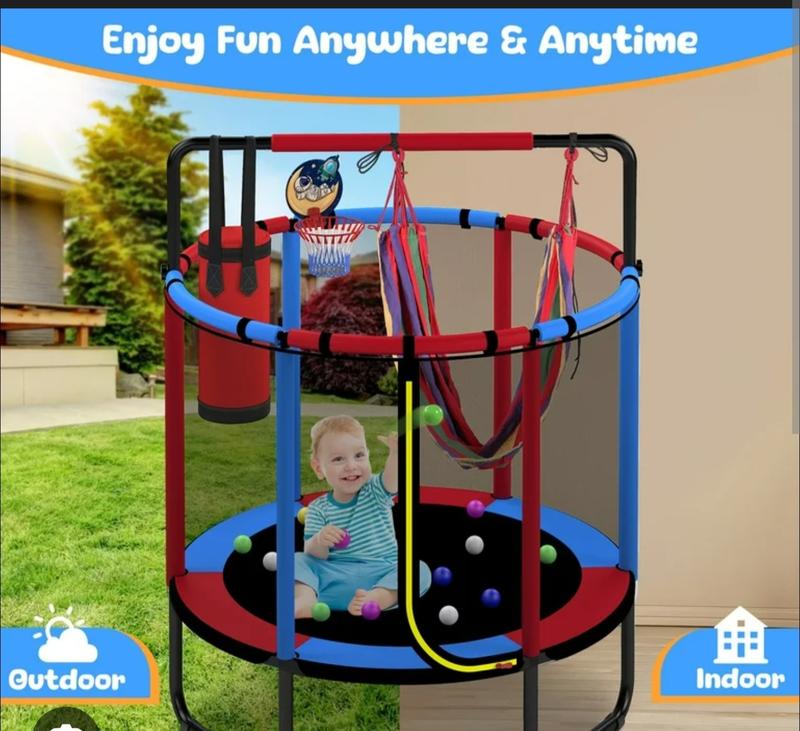 Trampoline for Kids with Basketball Hoop, 55" Toddler Trampoline Indoor & Outdoor, 440lbs Capacity Baby Trampoline with Enclosure, No-Gap Safe Design,,Swing,Sandbag,Ring,Ocean Balls,Gifts for Boys&Girls,