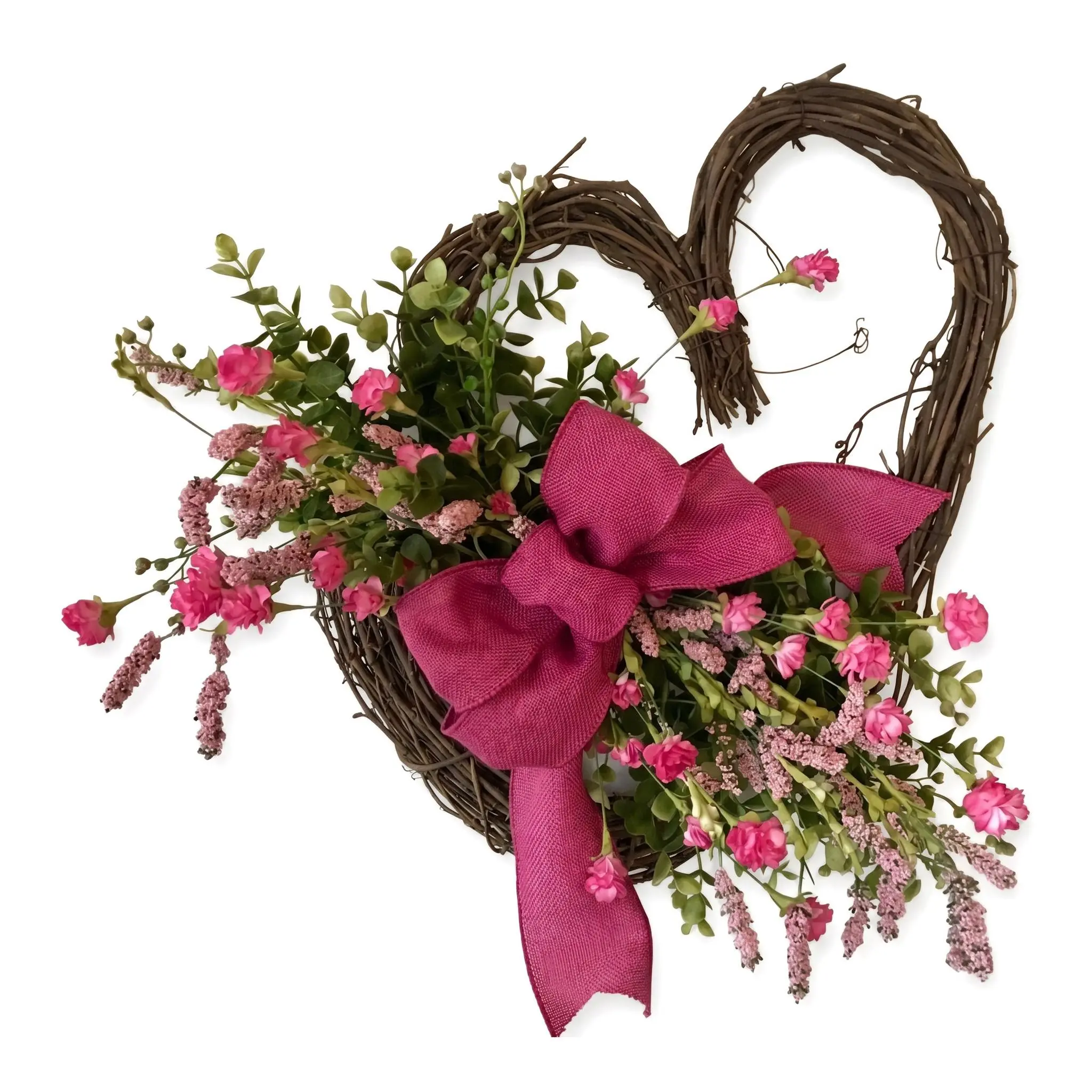 Heart Shaped Wreath Pink Floral Burlap Bow Door Hanging Decor