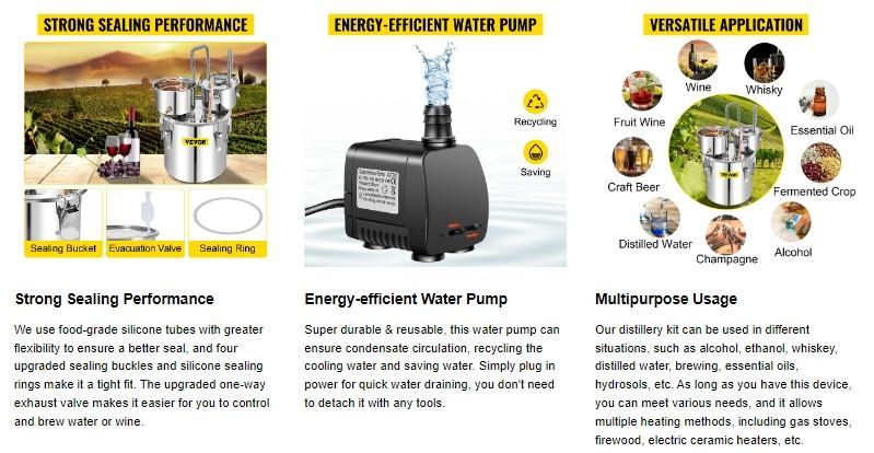 VEVOR Water Wine Distiller Stainless Steel, Copper Tube With Circulating Pump, Home Brewing Kit Build-in Thermometer for DIY Whisky Wine Brandy Oil Utensils VEVOR Super Brand Day