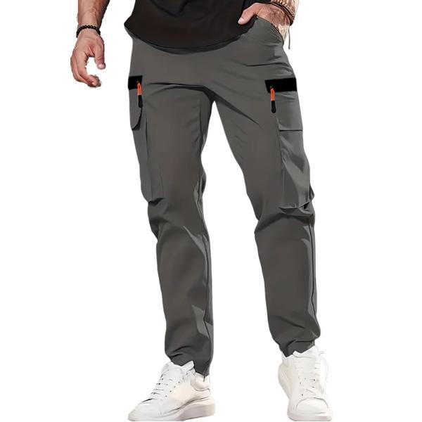Single piece men's casual solid color sports pants with multiple pockets, lightweight and soft polyester fiber