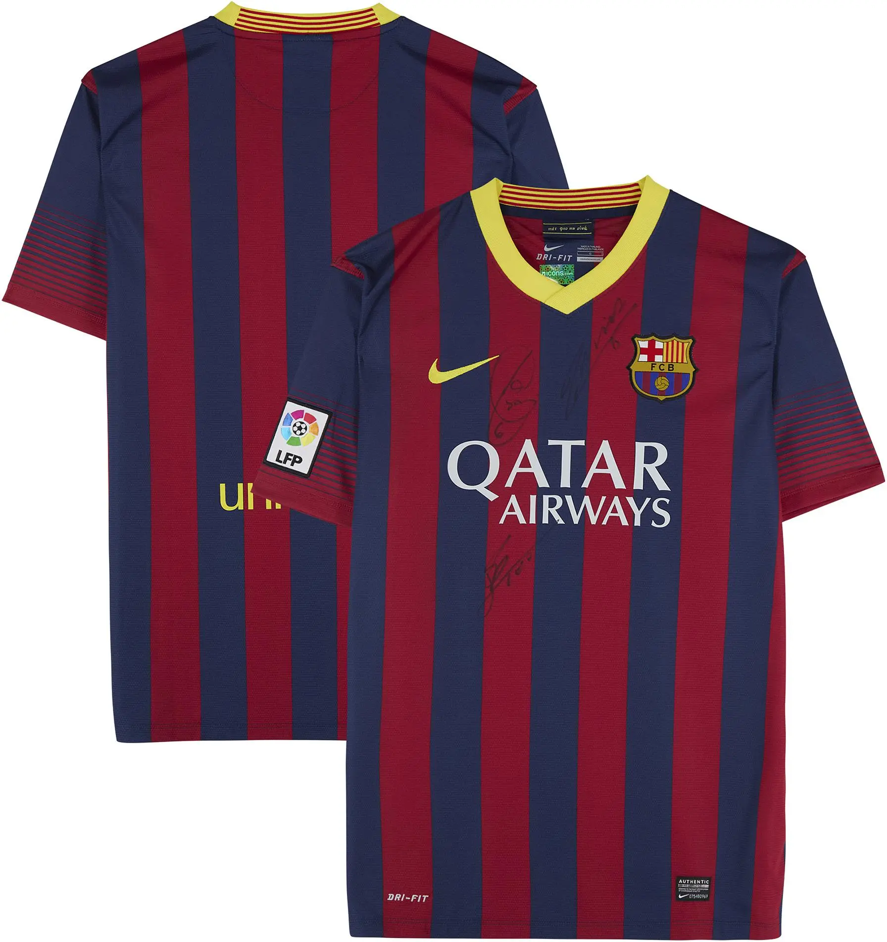 Andres Iniesta, Lionel Messi, and Xavi Barcelona Triple-Autographed Nike 2013-14 Blue and Red Home Jersey - Signed on Back - Fanatics Authentic Certified